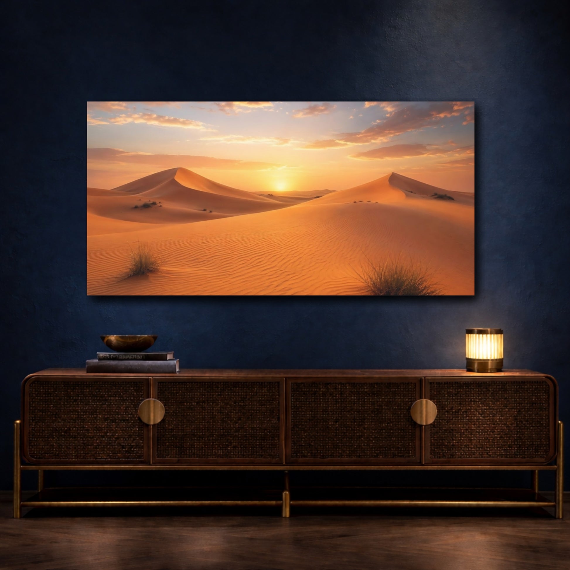Mockup 4. Nature Desert Dunes Orange Desert Sunset shown as stretched canvas wall art
