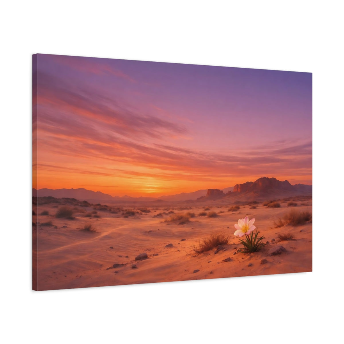 Main Mockup. Nature Desert Flower Orange Purple Sunset shown as stretched canvas wall art