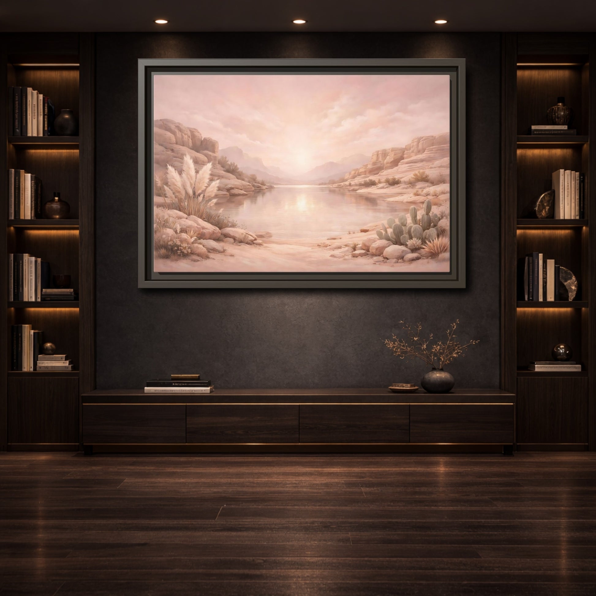 Mockup 3. Nature Desert Lake Blush Desert shown as stretched canvas wall art