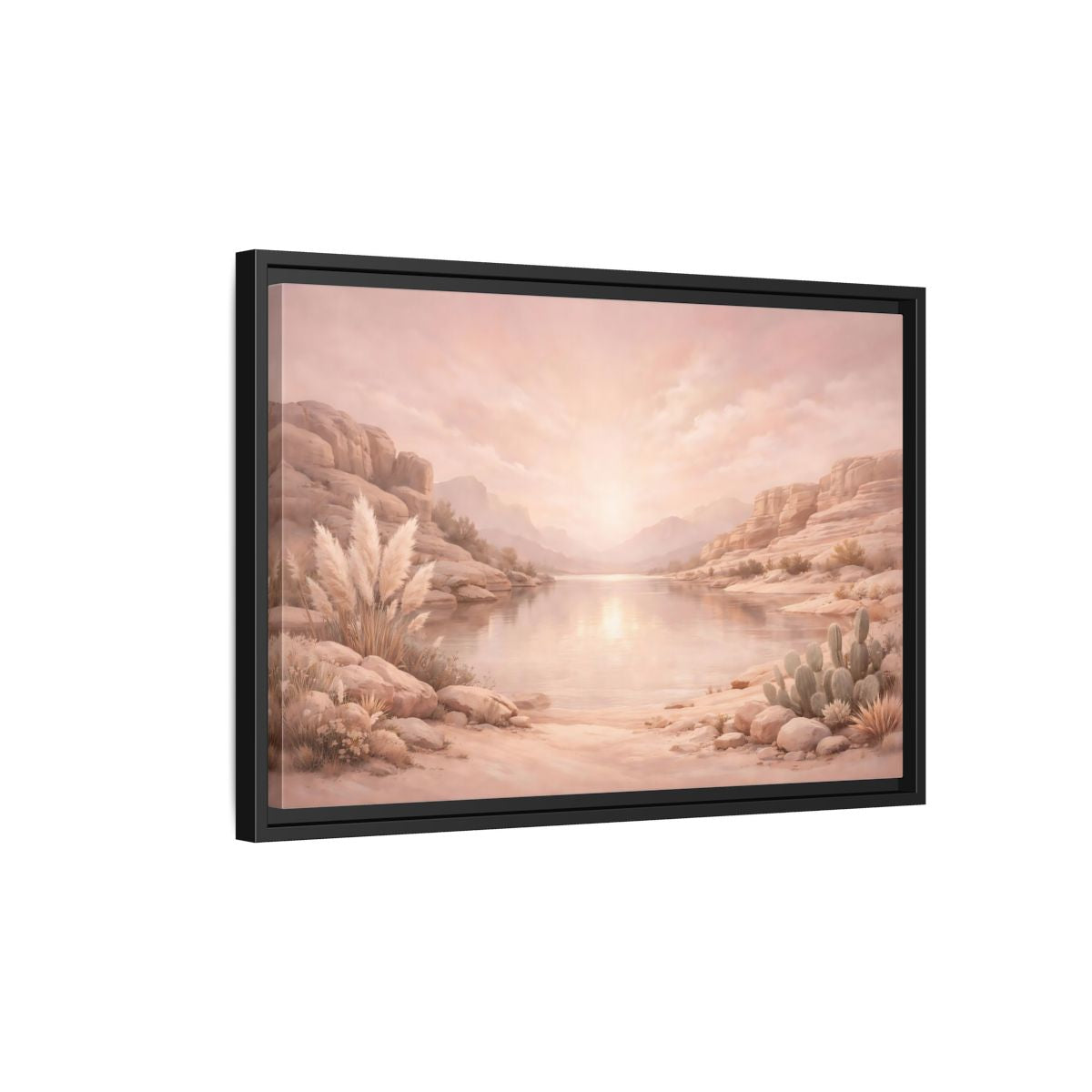 Side Mockup 3. Nature Desert Lake Blush Desert shown as stretched canvas wall art