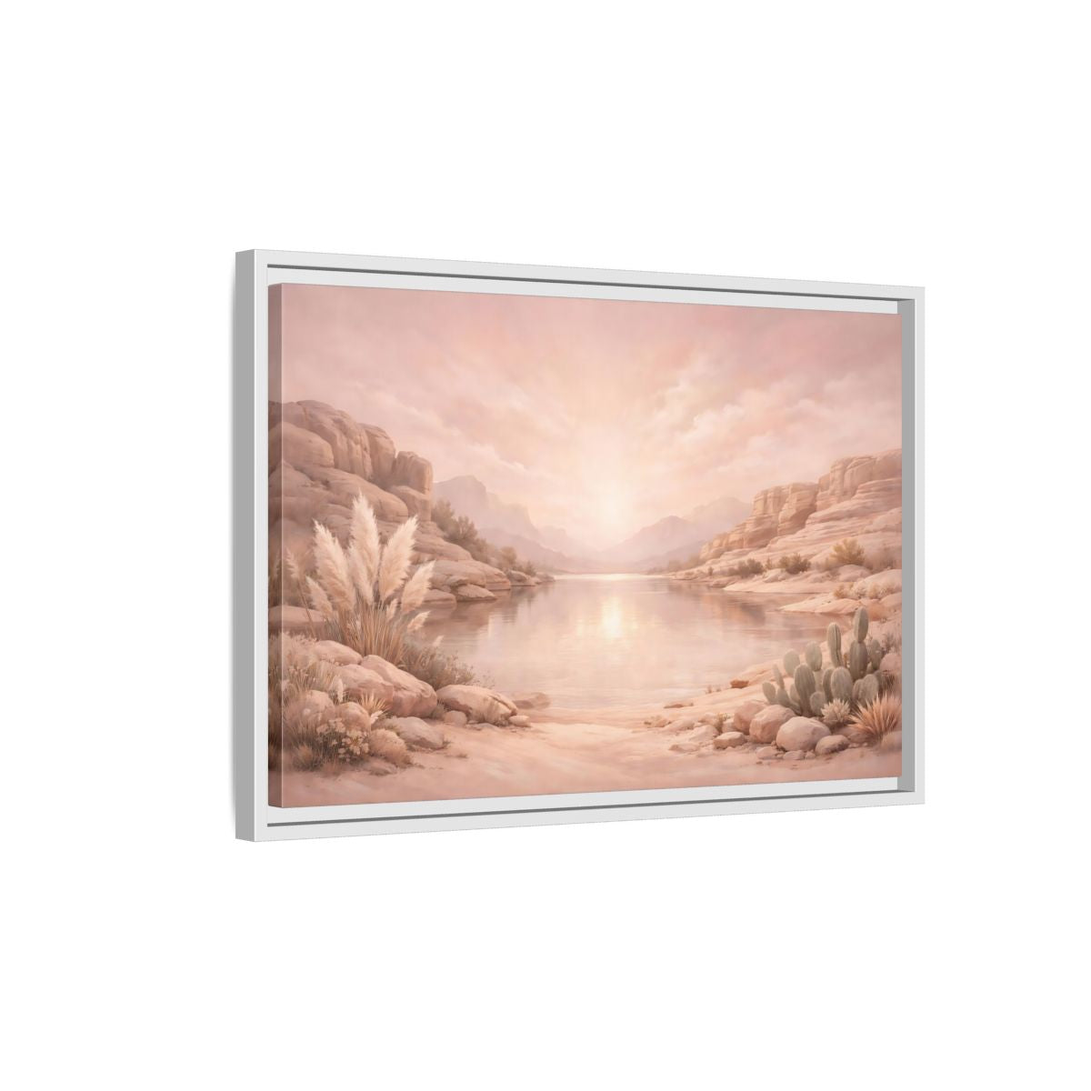 Side Mockup 1. Nature Desert Lake Blush Desert shown as stretched canvas wall art