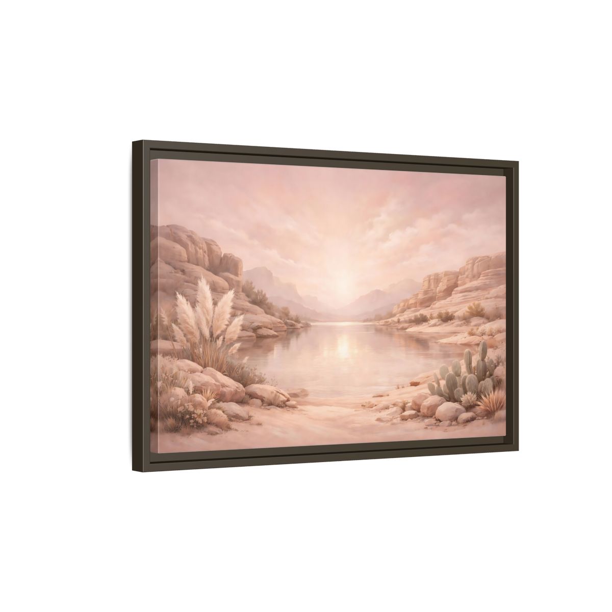 Side Mockup 2. Nature Desert Lake Blush Desert shown as stretched canvas wall art