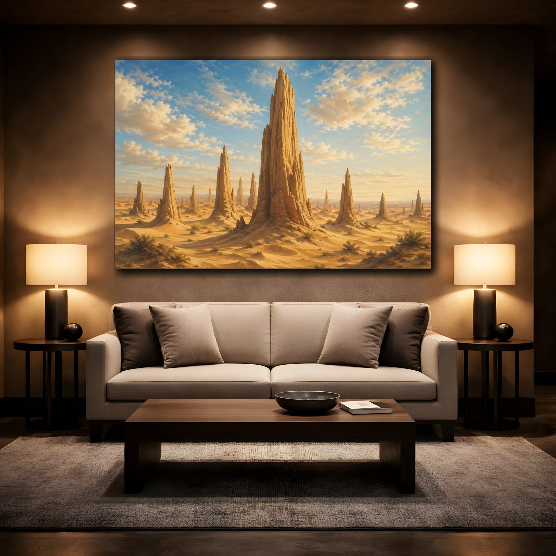 Mockup 2. Nature Desert Landscape Brown And Blue shown as stretched canvas wall art