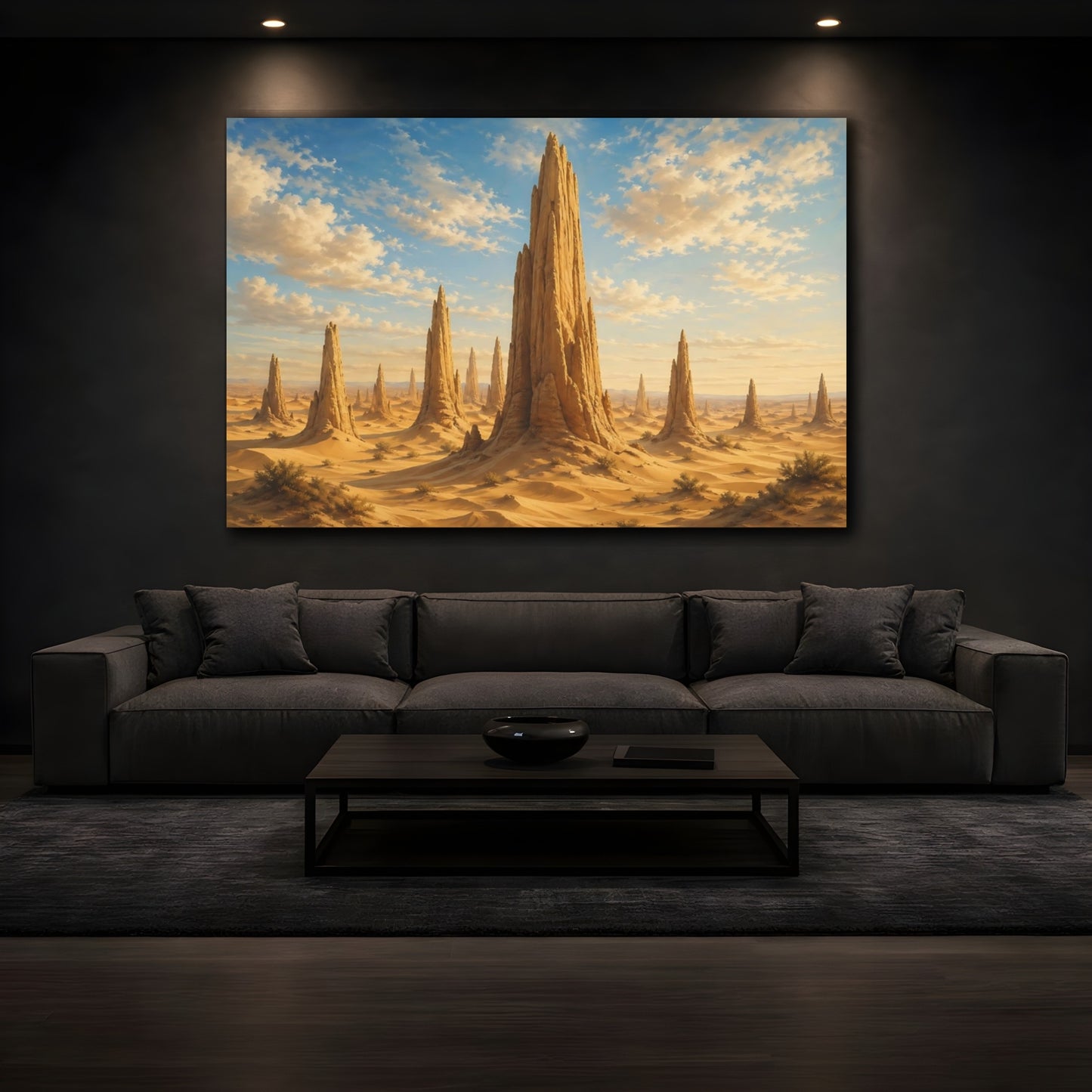 Mockup 3. Nature Desert Landscape Brown And Blue shown as stretched canvas wall art