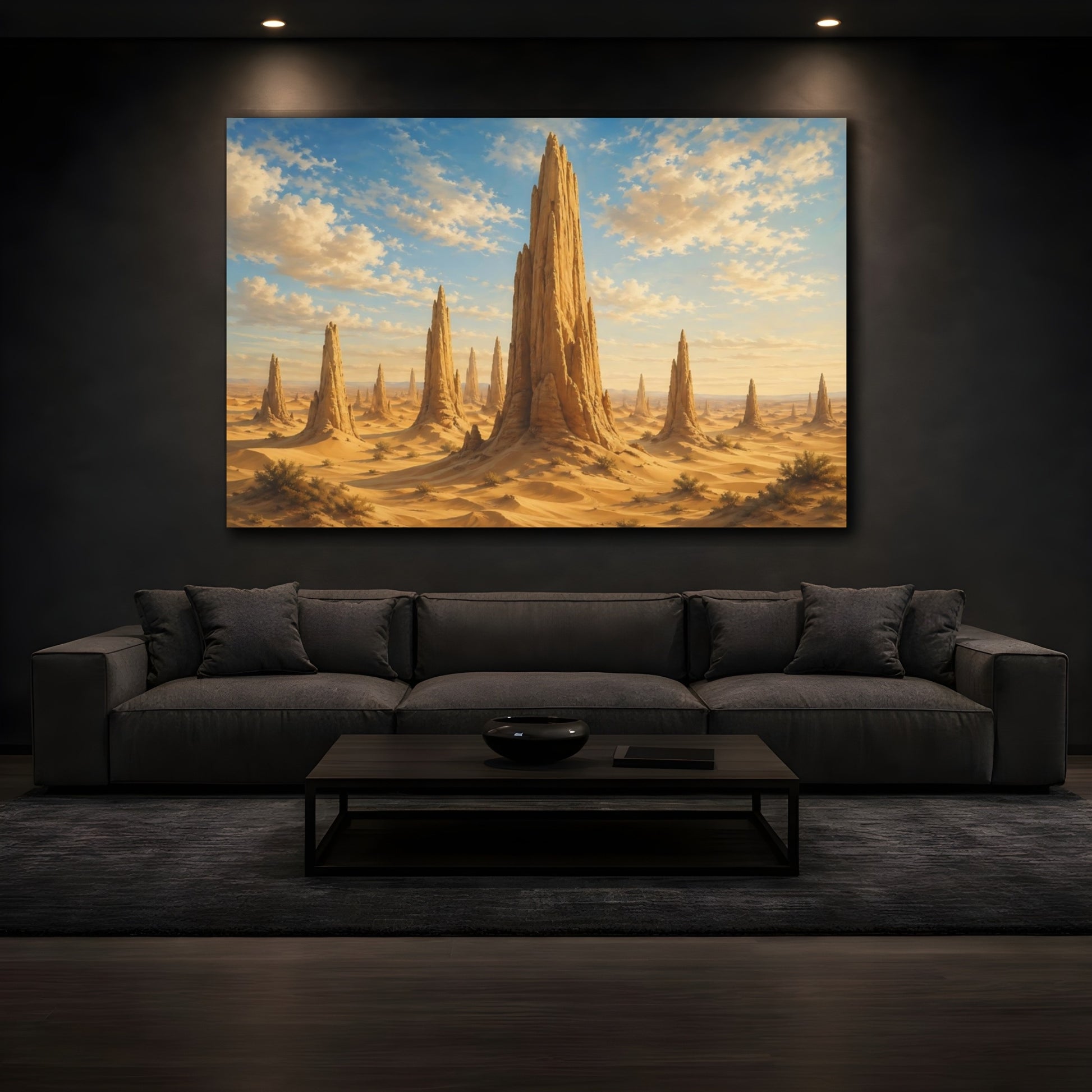 Mockup 3. Nature Desert Landscape Brown And Blue shown as stretched canvas wall art