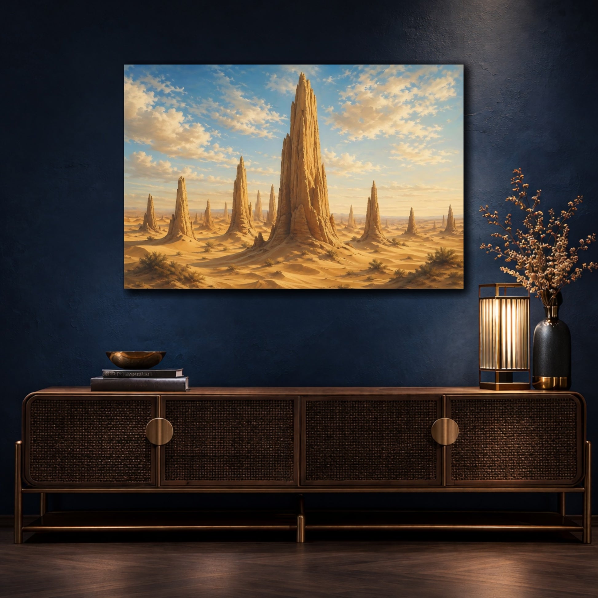 Mockup 4. Nature Desert Landscape Brown And Blue shown as stretched canvas wall art
