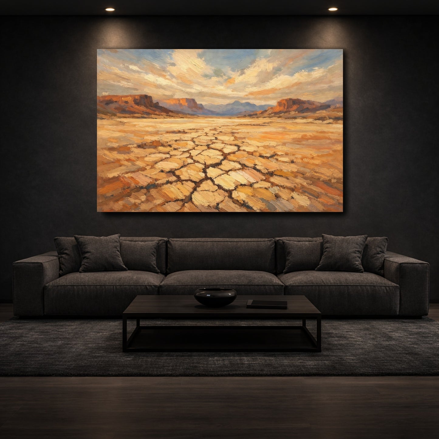 Mockup 2. Nature Desert Landscape Brown And Gold shown as stretched canvas wall art