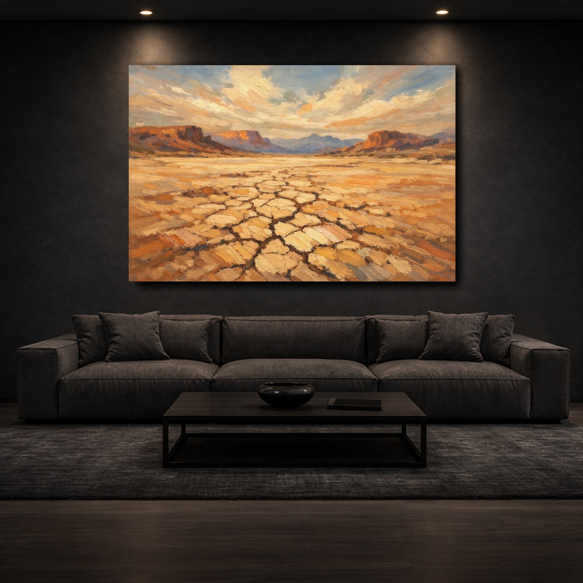 Mockup 2. Nature Desert Landscape Brown And Gold shown as stretched canvas wall art