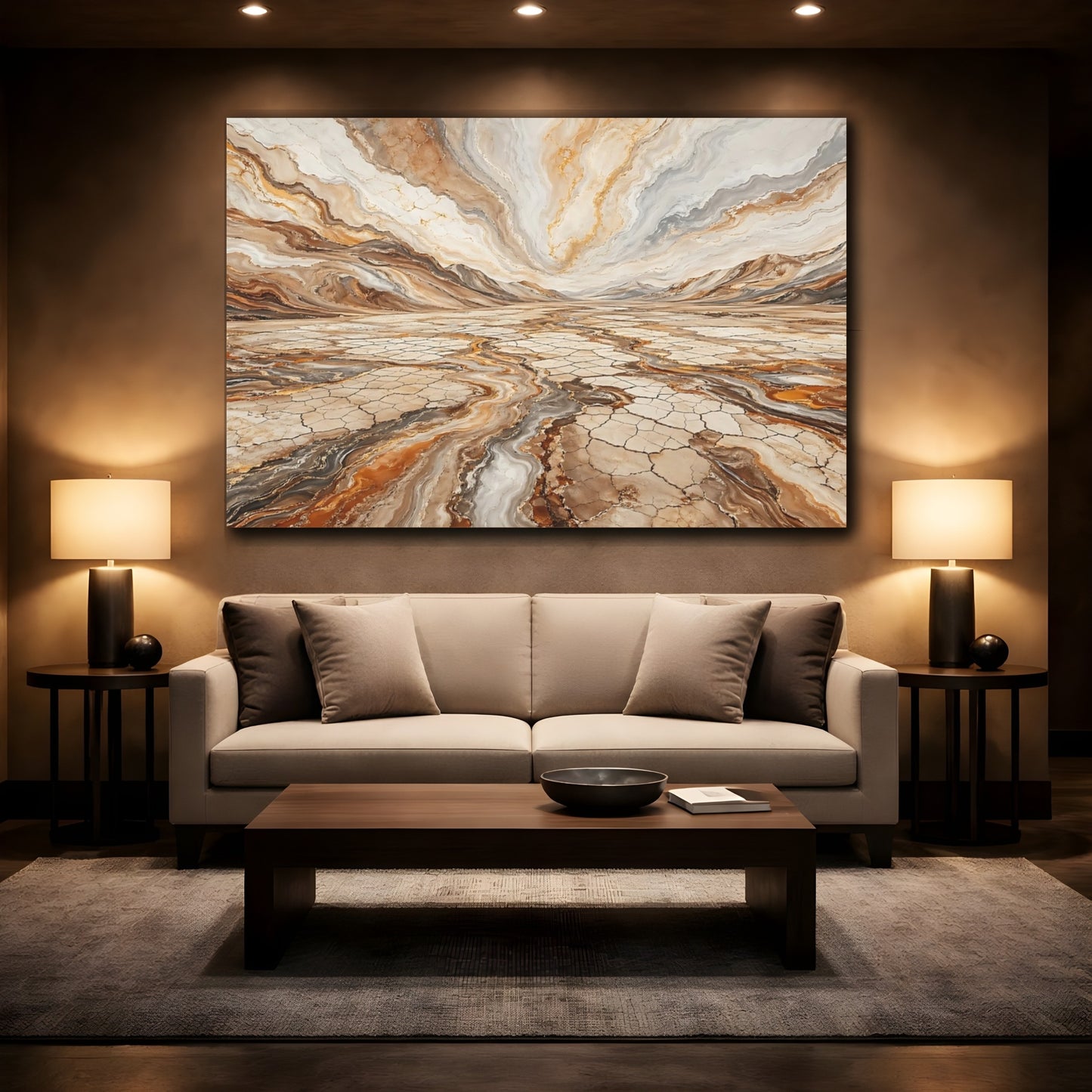 Mockup 2. Nature Desert Landscape Brown And Gold shown as stretched canvas wall art