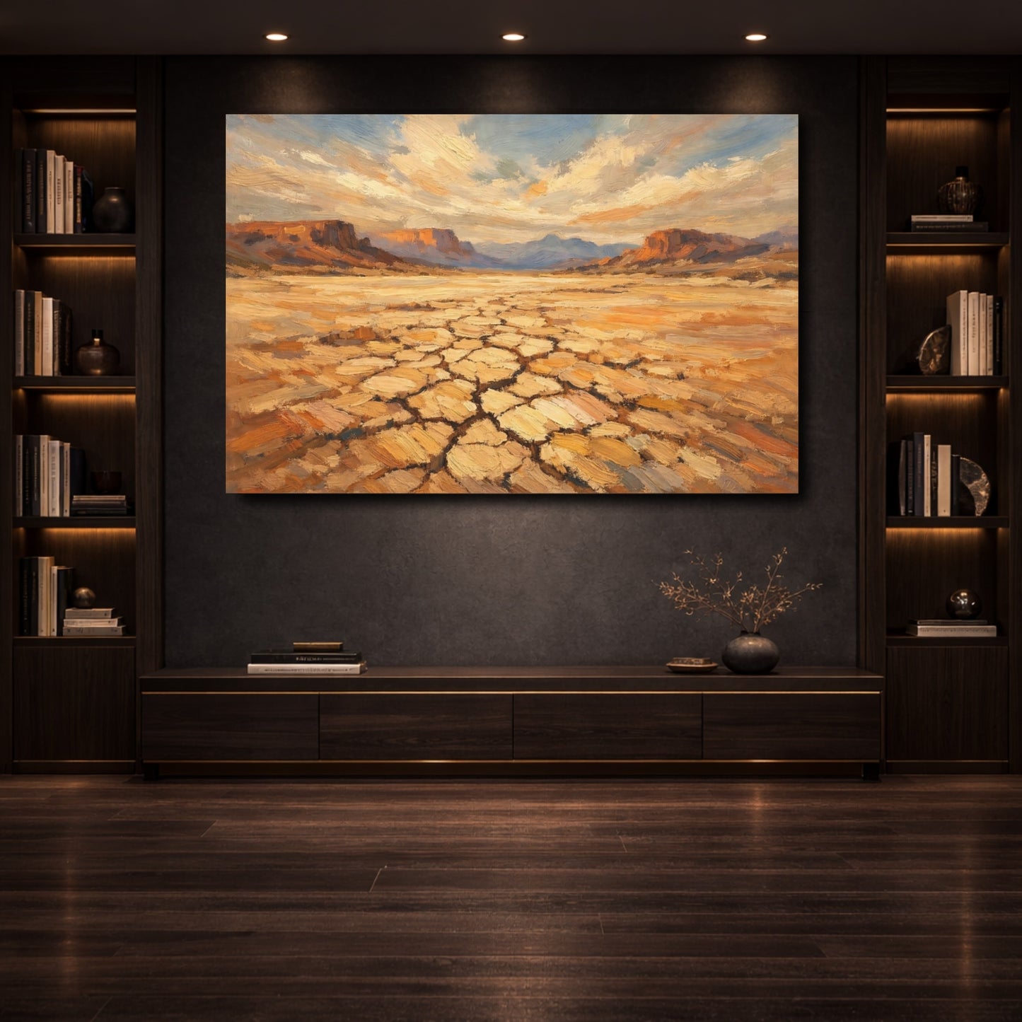 Mockup 3. Nature Desert Landscape Brown And Gold shown as stretched canvas wall art