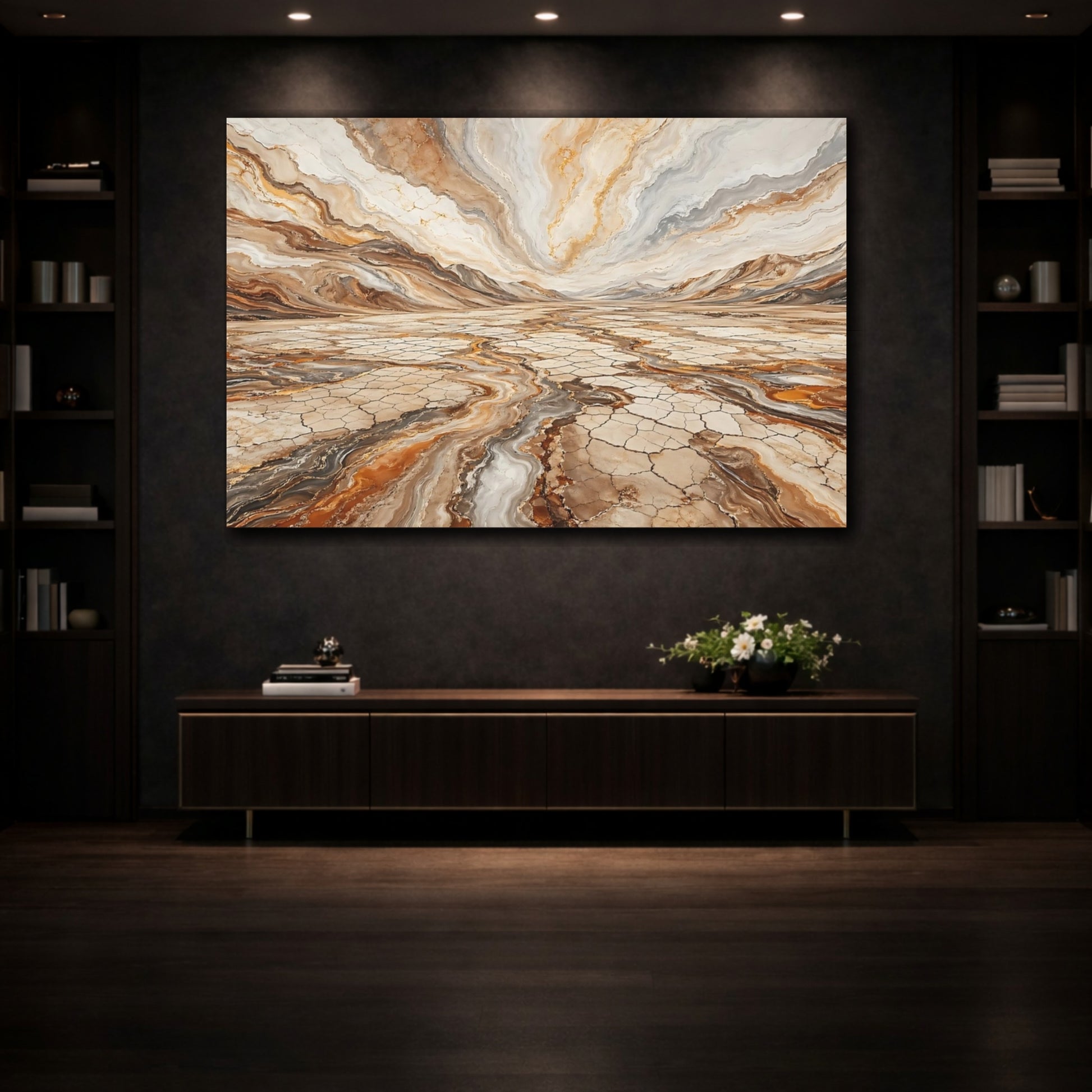 Mockup 3. Nature Desert Landscape Brown And Gold shown as stretched canvas wall art