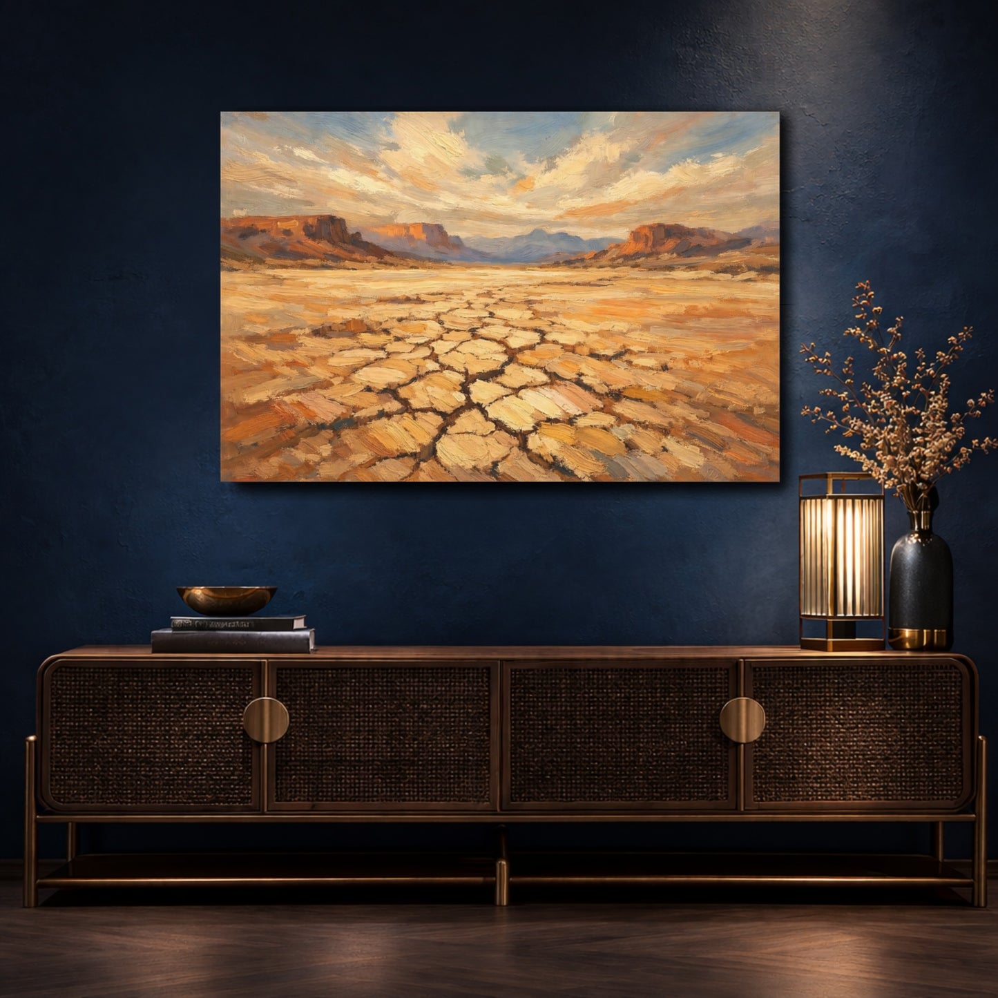Mockup 4. Nature Desert Landscape Brown And Gold shown as stretched canvas wall art