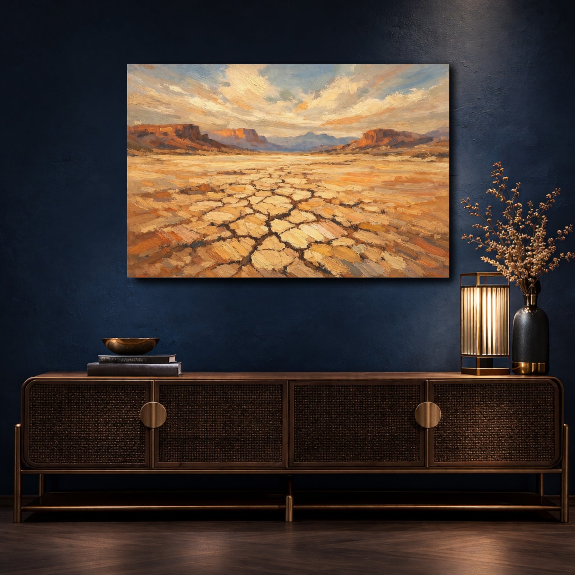 Mockup 4. Nature Desert Landscape Brown And Gold shown as stretched canvas wall art