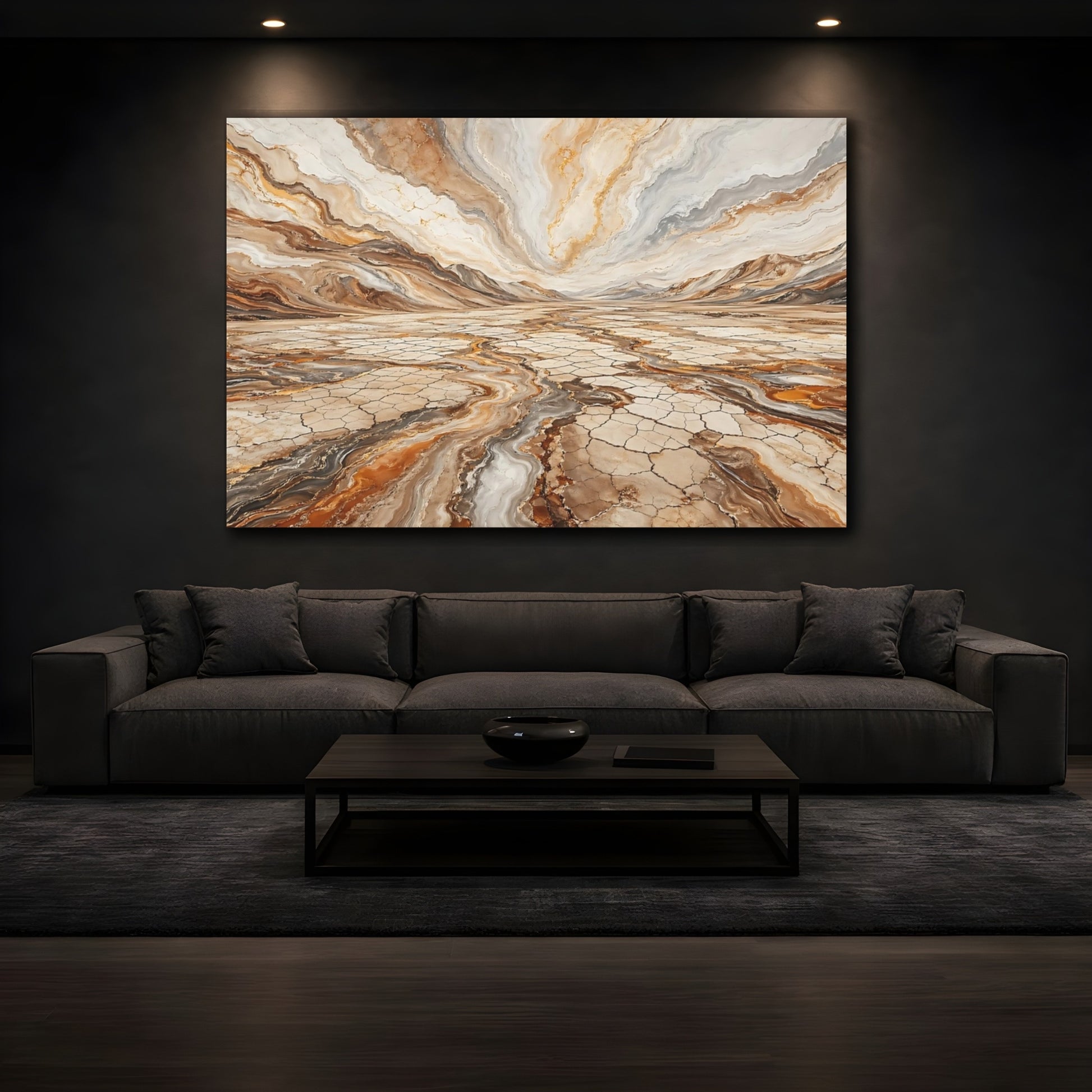 Mockup 4. Nature Desert Landscape Brown And Gold shown as stretched canvas wall art