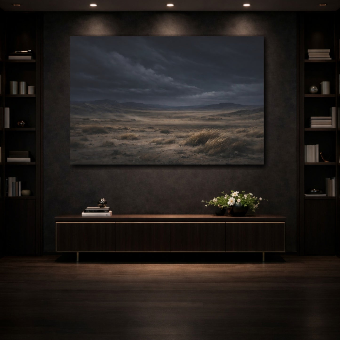Mockup 3. Nature Desert Landscape Dark Desert Landscape shown as stretched canvas wall art