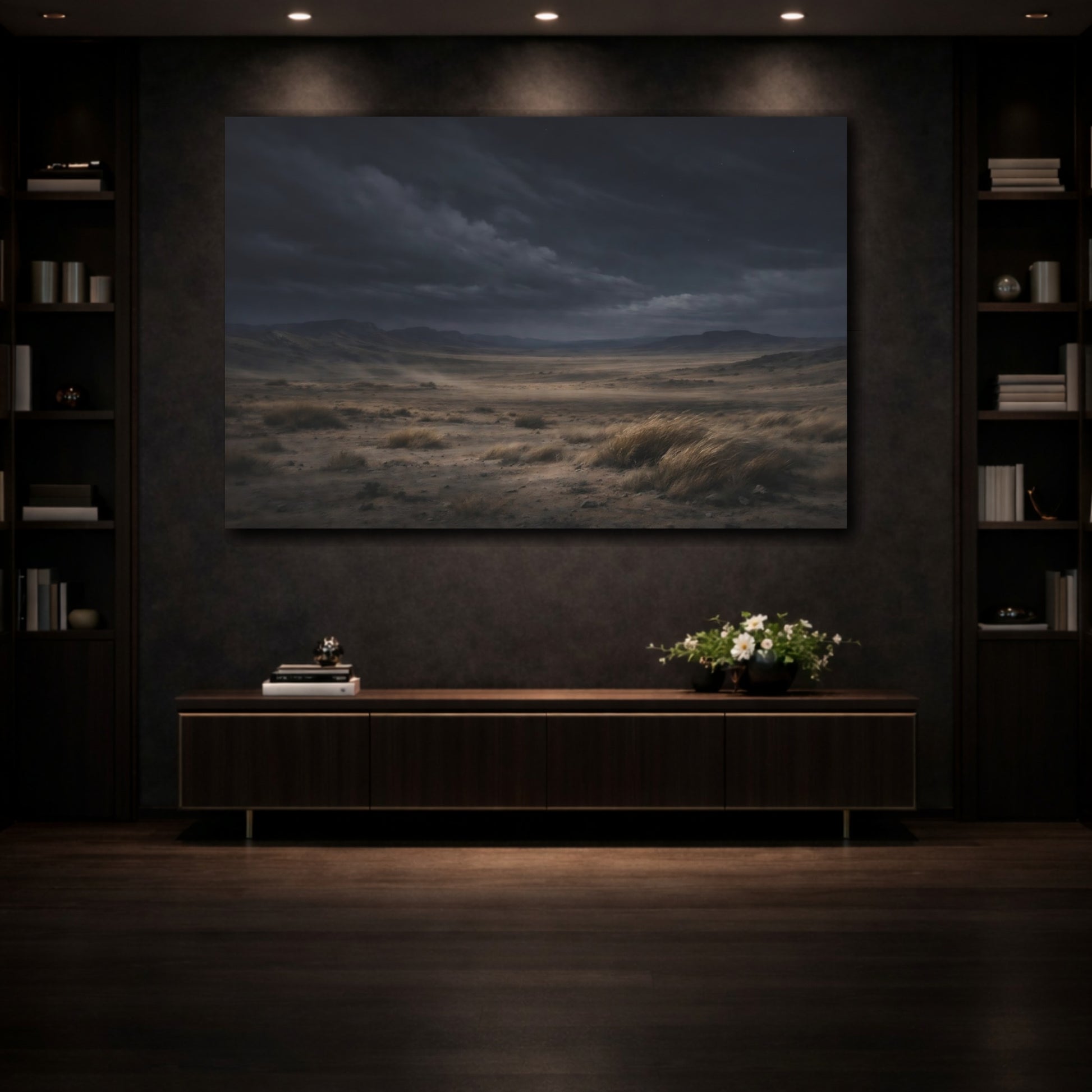 Mockup 3. Nature Desert Landscape Dark Desert Landscape shown as stretched canvas wall art