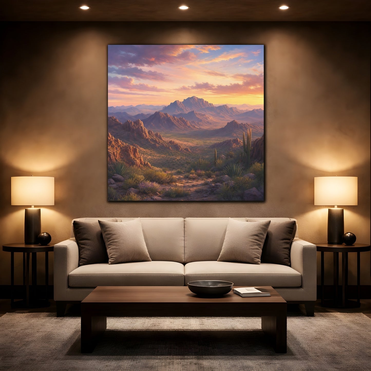 Mockup 2. Nature Desert Landscape Desert Sunset shown as stretched canvas wall art