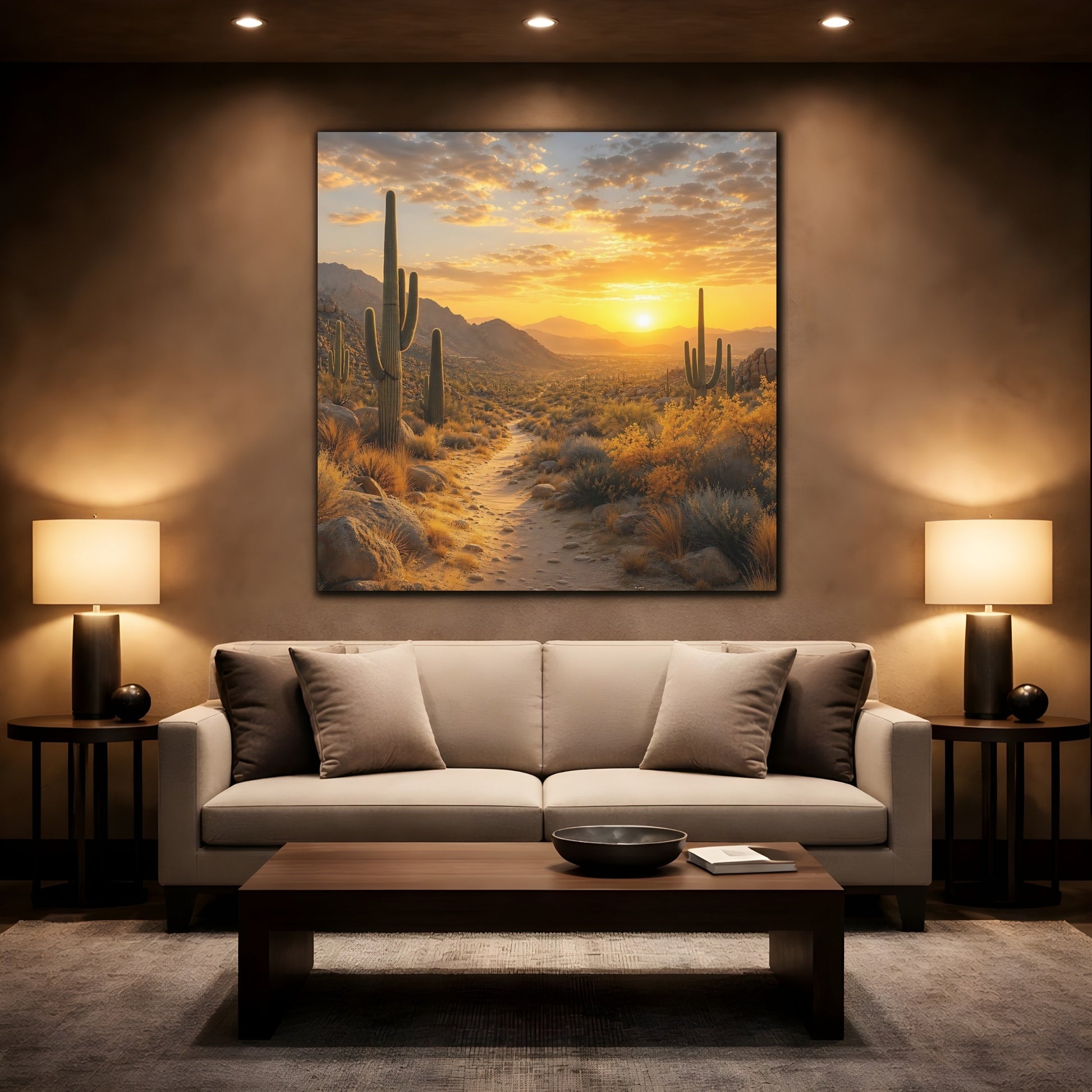 Mockup 2. Nature Desert Landscape Desert Sunset shown as stretched canvas wall art