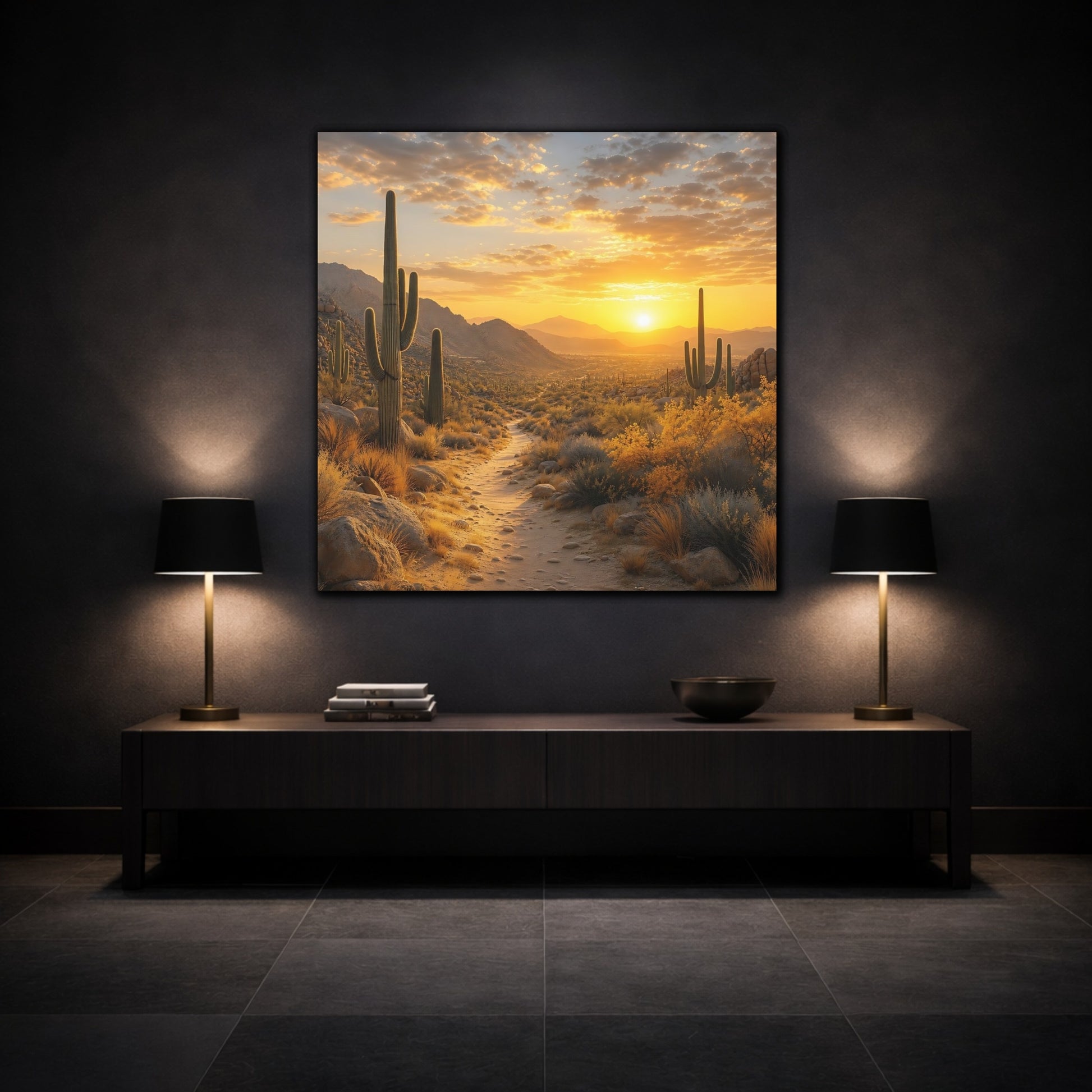 Mockup 3. Nature Desert Landscape Desert Sunset shown as stretched canvas wall art