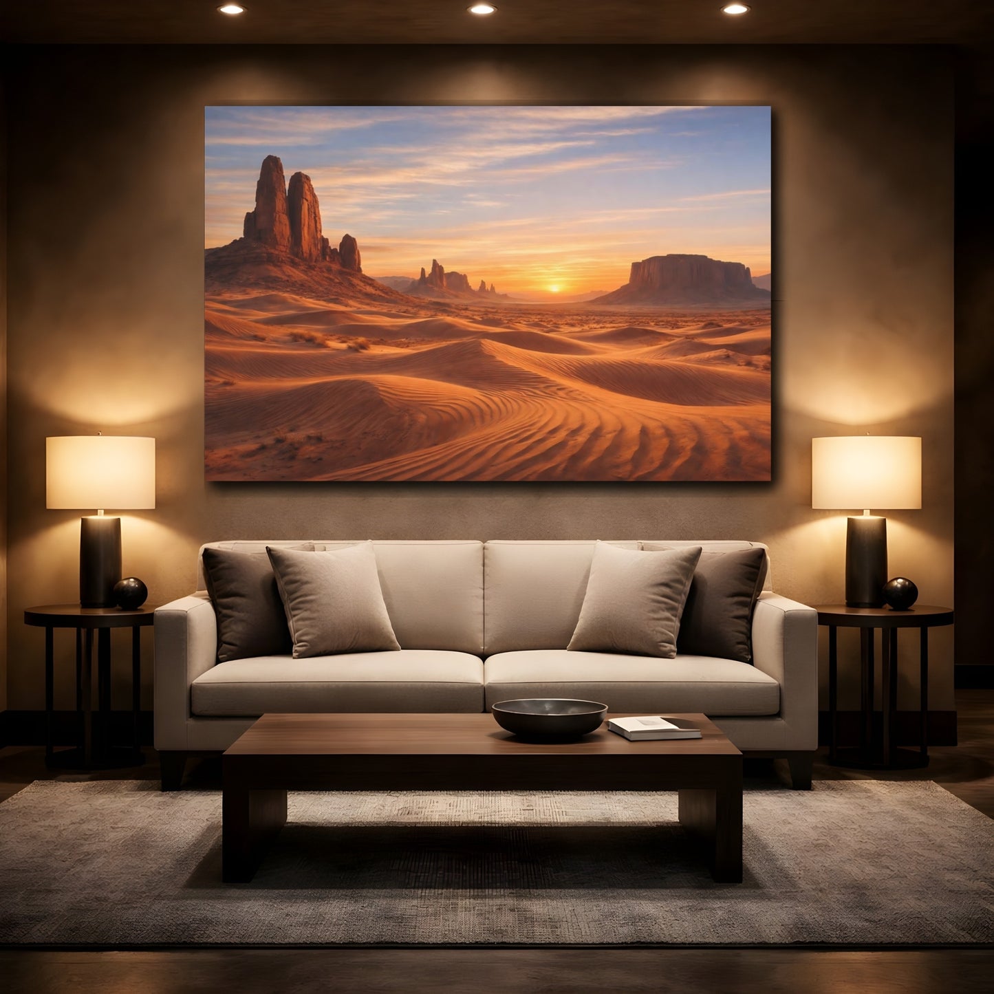 Mockup 3. Nature Desert Landscape Desert Sunset shown as stretched canvas wall art