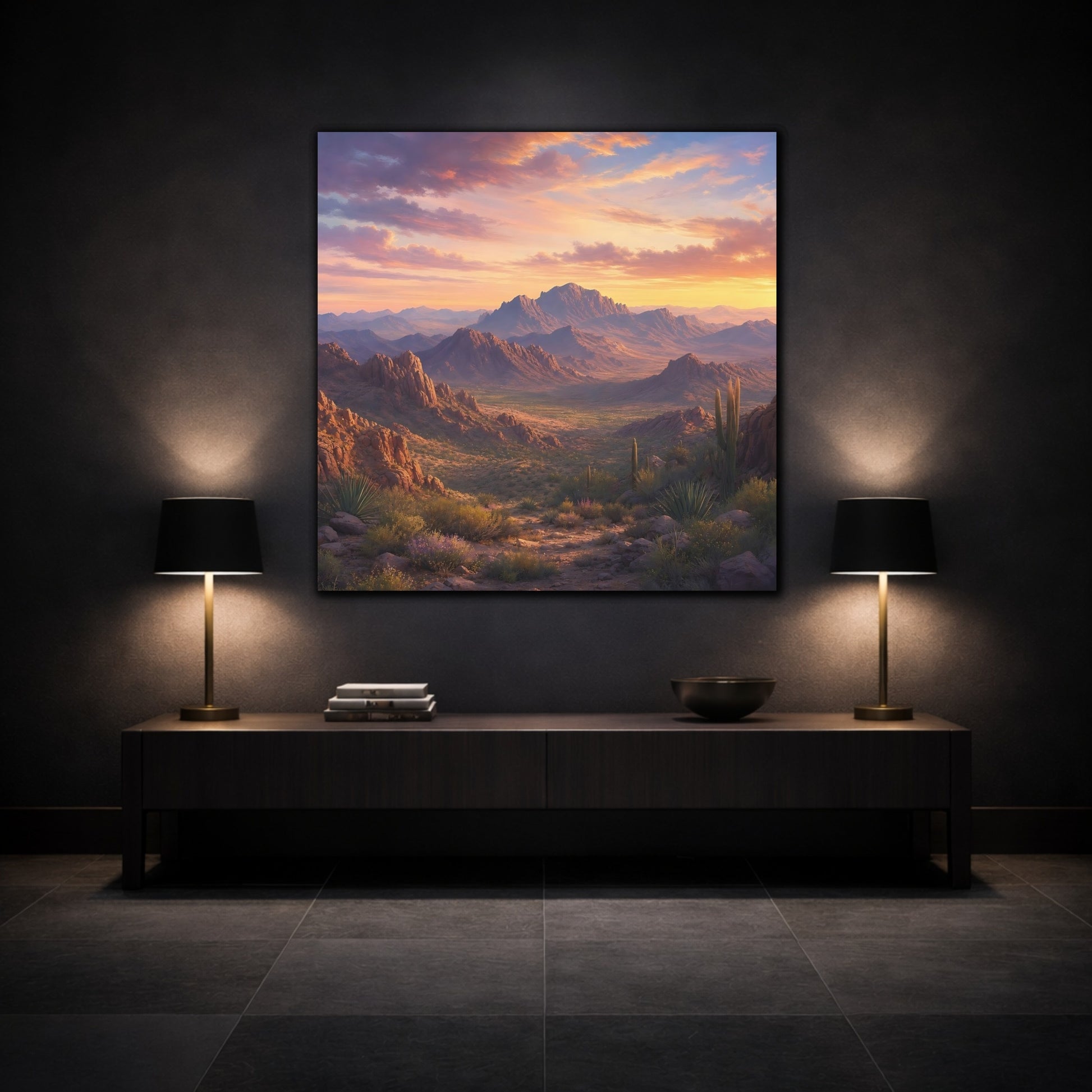 Mockup 3. Nature Desert Landscape Desert Sunset shown as stretched canvas wall art