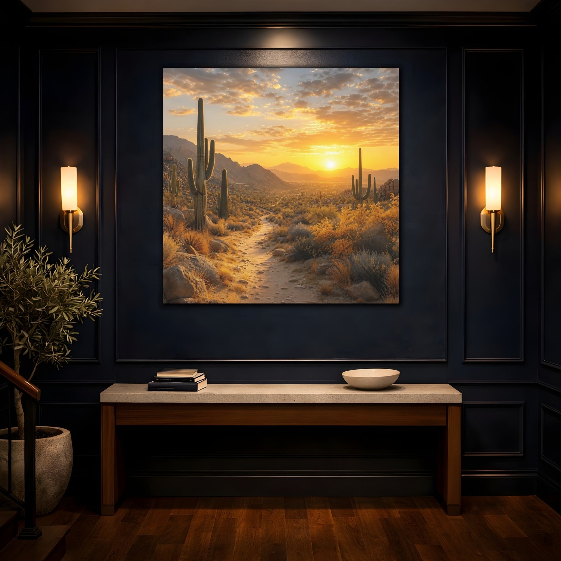 Mockup 4. Nature Desert Landscape Desert Sunset shown as stretched canvas wall art