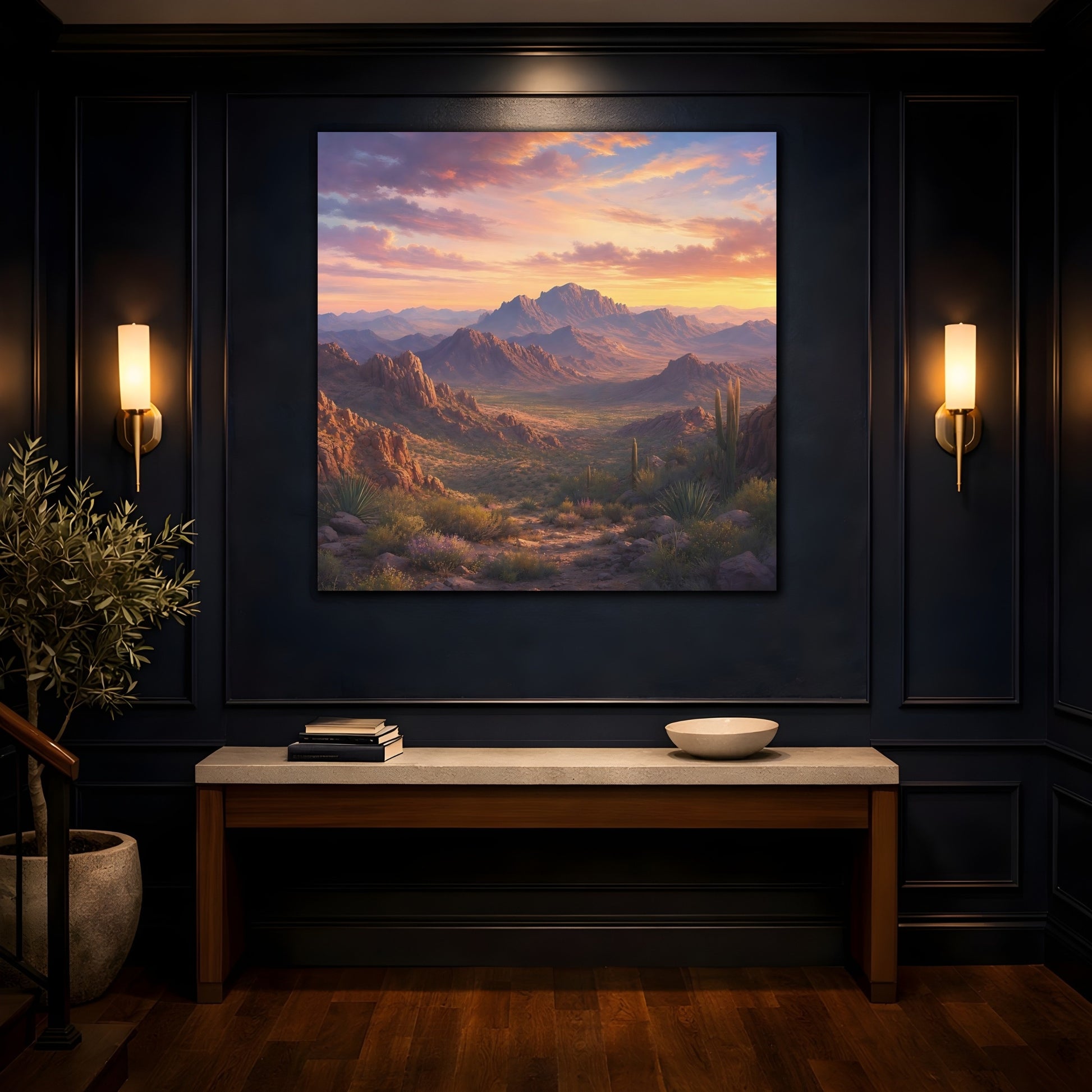 Mockup 4. Nature Desert Landscape Desert Sunset shown as stretched canvas wall art