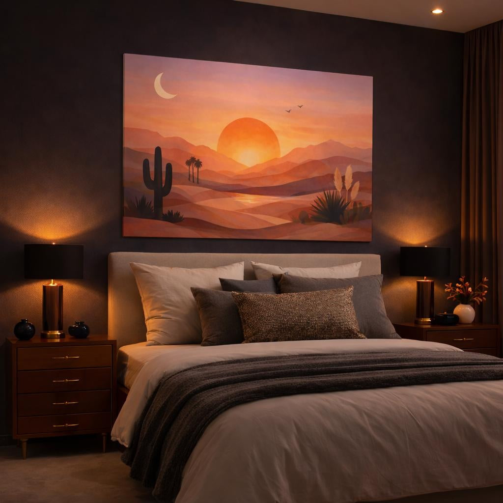 Nature Desert Landscape Orange Desert Sunset shown as canvas wall art in a luxury bedroom