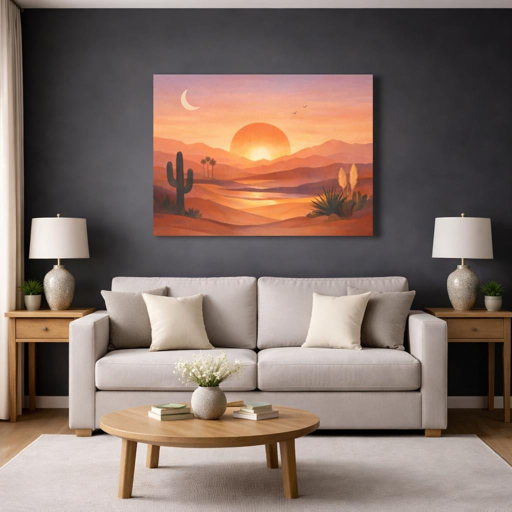 Nature Desert Landscape Orange Desert Sunset shown as canvas wall art in a modern living room