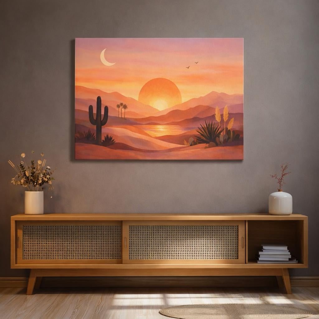 Nature Desert Landscape Orange Desert Sunset shown as canvas wall art in a sophisticated contemporary living space