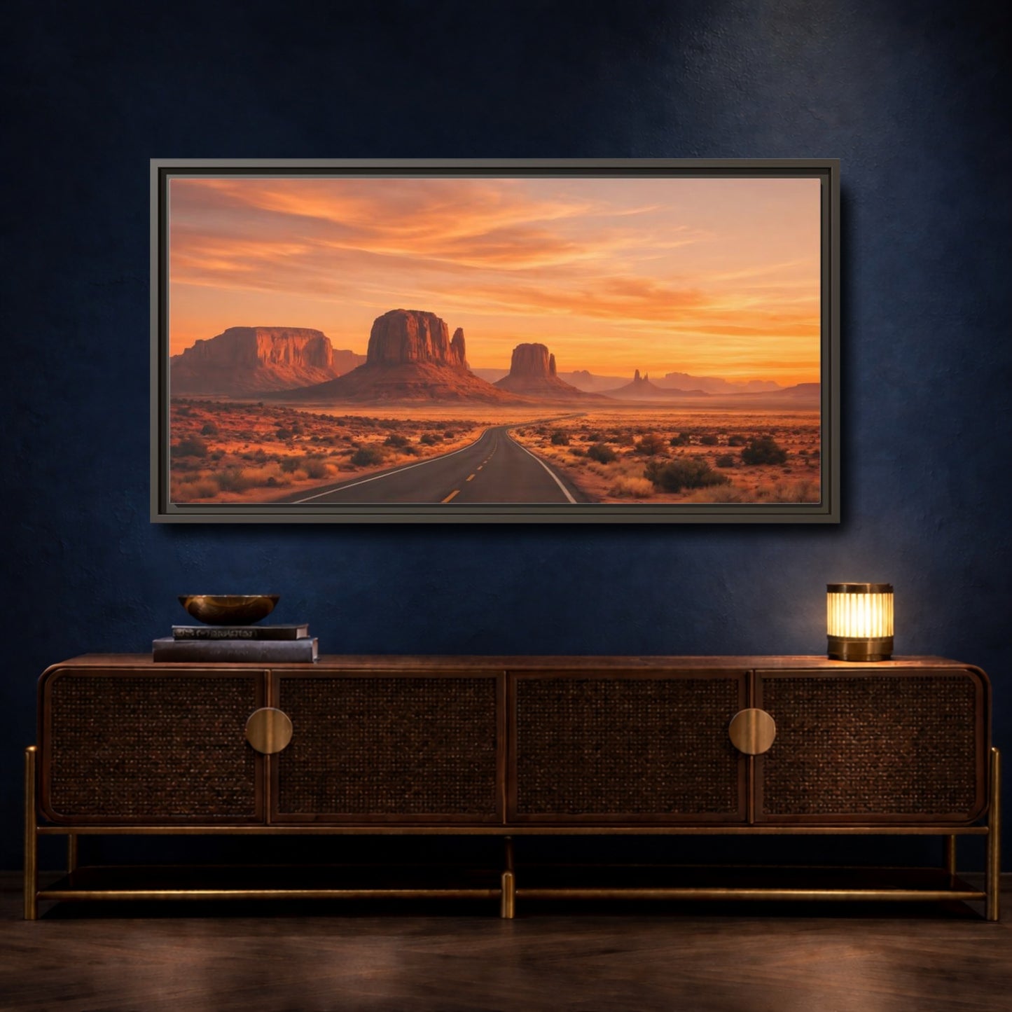 Mockup 4. Nature Desert Landscape Orange Desert Sunset shown as stretched canvas wall art