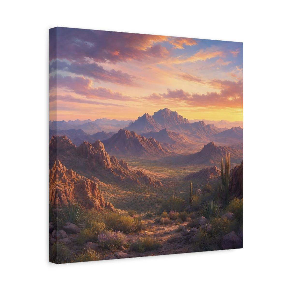 Side Mockup 6. Nature Desert Landscape Desert Sunset shown as stretched canvas wall art