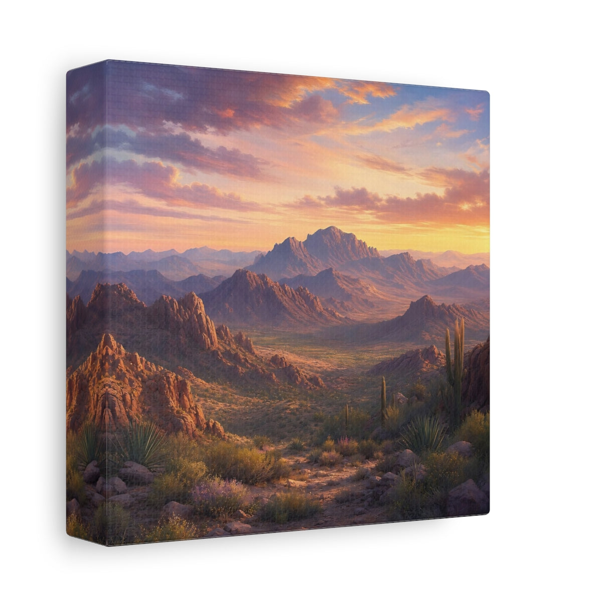 Side Mockup 2. Nature Desert Landscape Desert Sunset shown as stretched canvas wall art