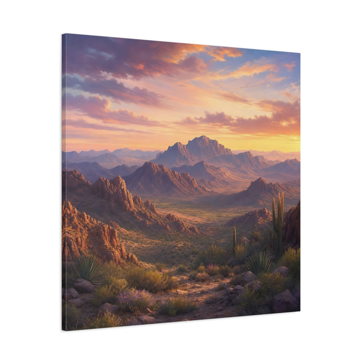Side Mockup 1. Nature Desert Landscape Desert Sunset shown as stretched canvas wall art