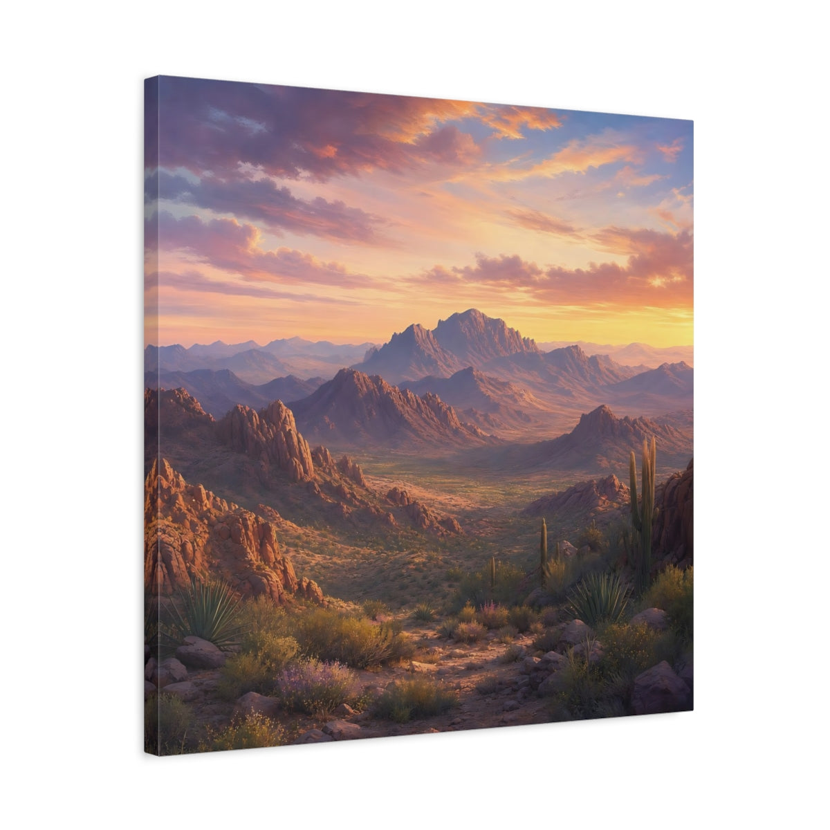 Side Mockup 4. Nature Desert Landscape Desert Sunset shown as stretched canvas wall art