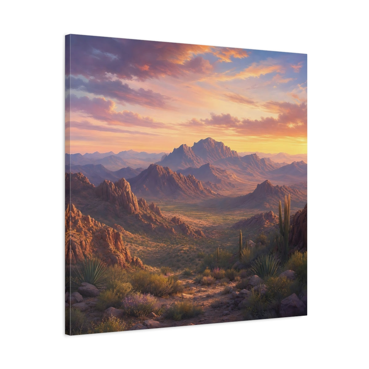 Side Mockup 3. Nature Desert Landscape Desert Sunset shown as stretched canvas wall art