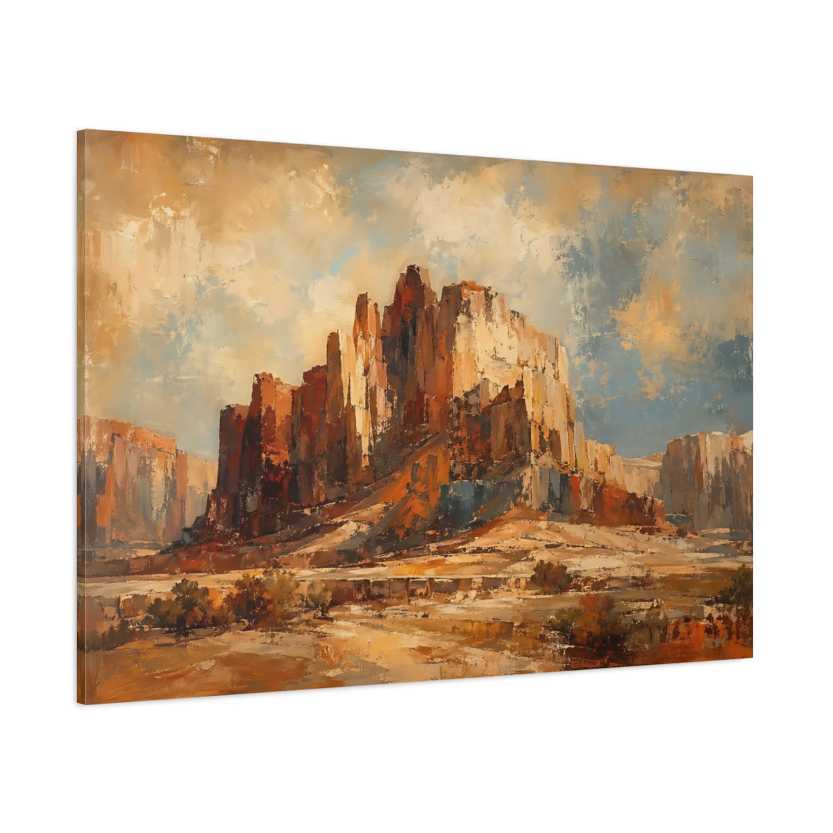 Side Mockup 1. Nature Desert Mesa Brown And Blue Landscape shown as stretched canvas wall art