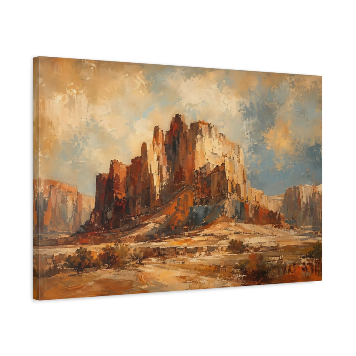 Side Mockup 2. Nature Desert Mesa Brown And Blue Landscape shown as stretched canvas wall art