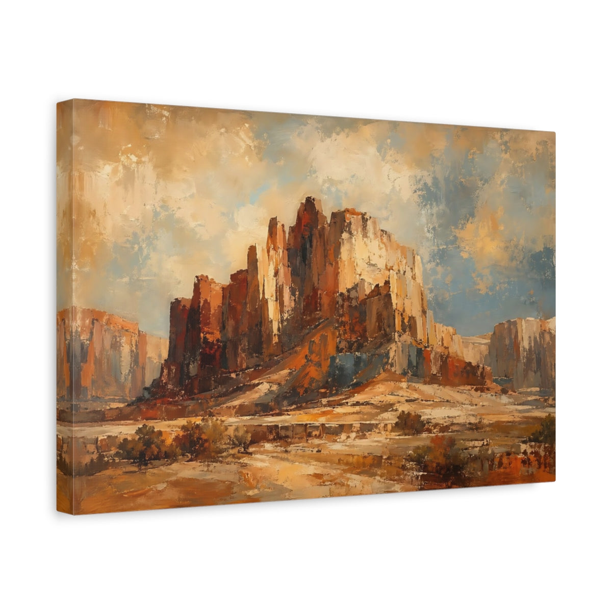 Side Mockup 4. Nature Desert Mesa Brown And Blue Landscape shown as stretched canvas wall art