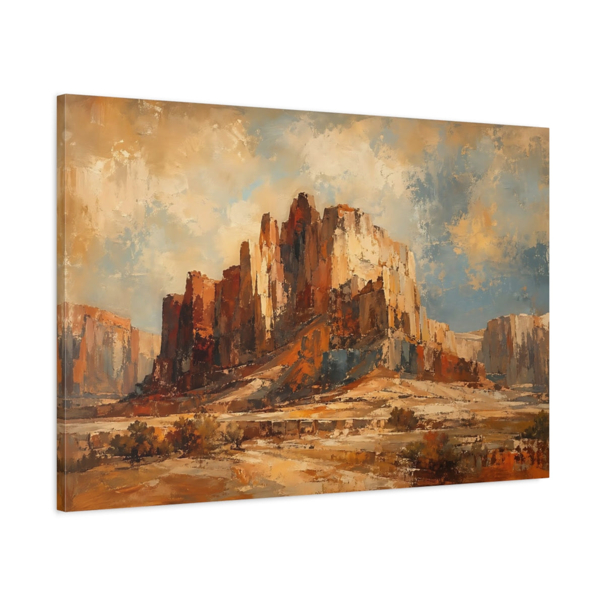 Main Mockup. Nature Desert Mesa Brown And Blue Landscape shown as stretched canvas wall art