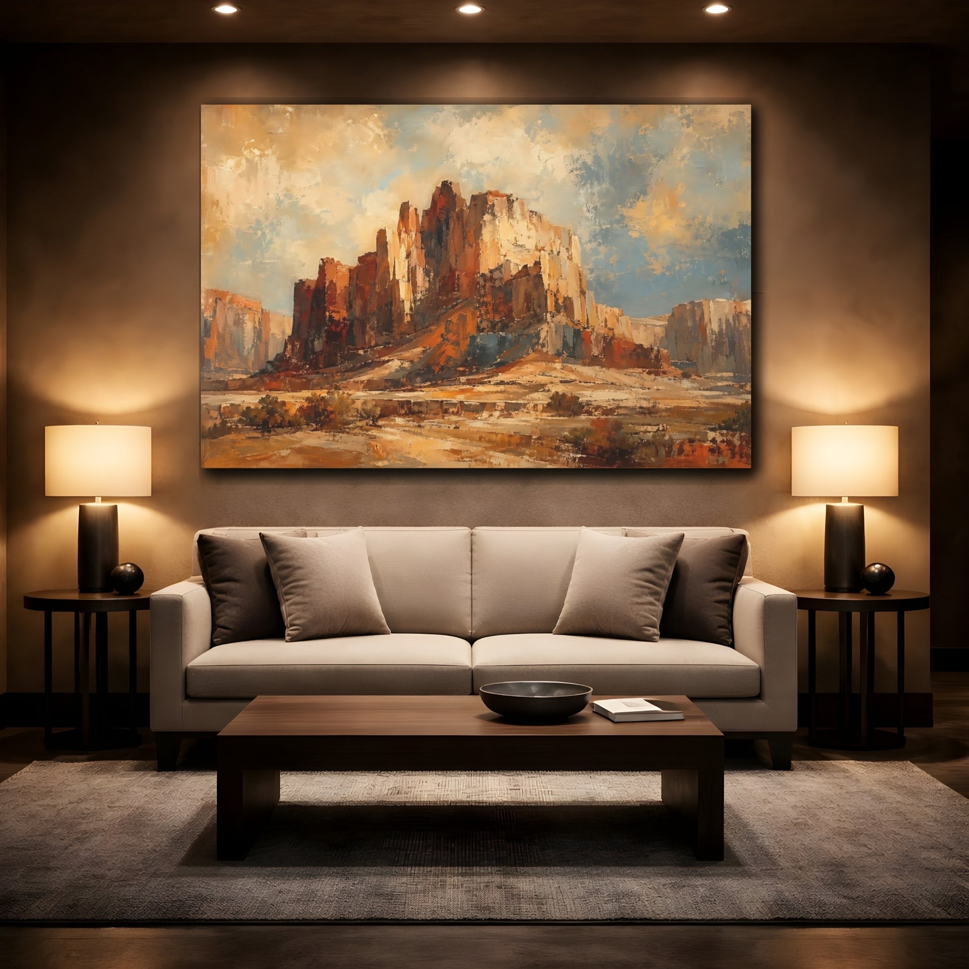 Mockup 2. Nature Desert Mesa Brown And Blue Landscape shown as stretched canvas wall art