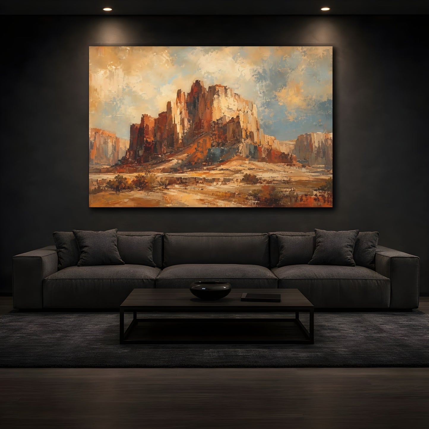 Mockup 3. Nature Desert Mesa Brown And Blue Landscape shown as stretched canvas wall art