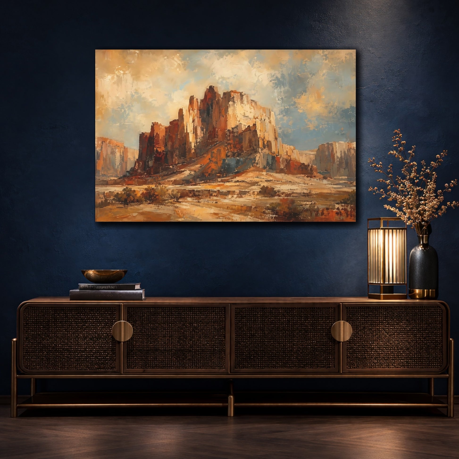 Mockup 4. Nature Desert Mesa Brown And Blue Landscape shown as stretched canvas wall art