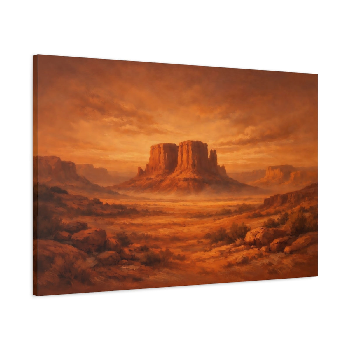 Side Mockup 1. Nature Desert Mesa Orange And Brown shown as stretched canvas wall art