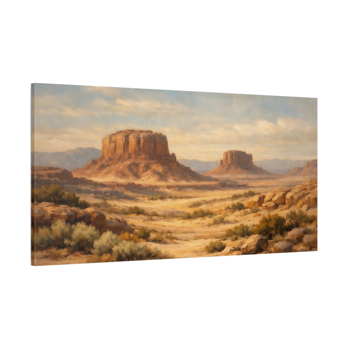 Main Mockup. Nature Desert Mesas Desert Mesa Warm Tones shown as stretched canvas wall art