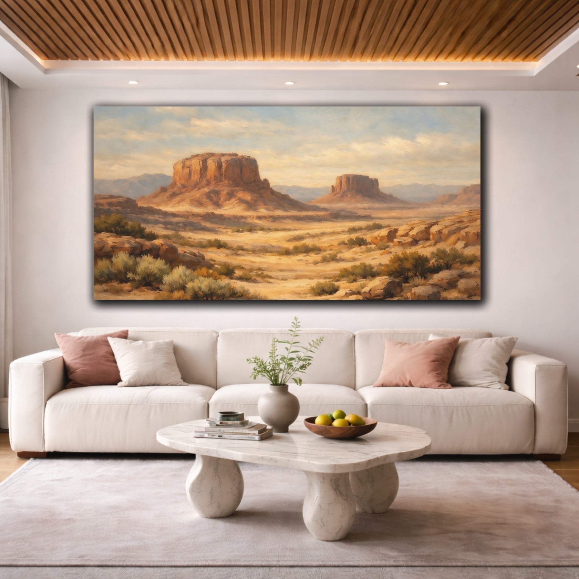 Mockup 3. Nature Desert Mesas Desert Mesa Warm Tones shown as stretched canvas wall art