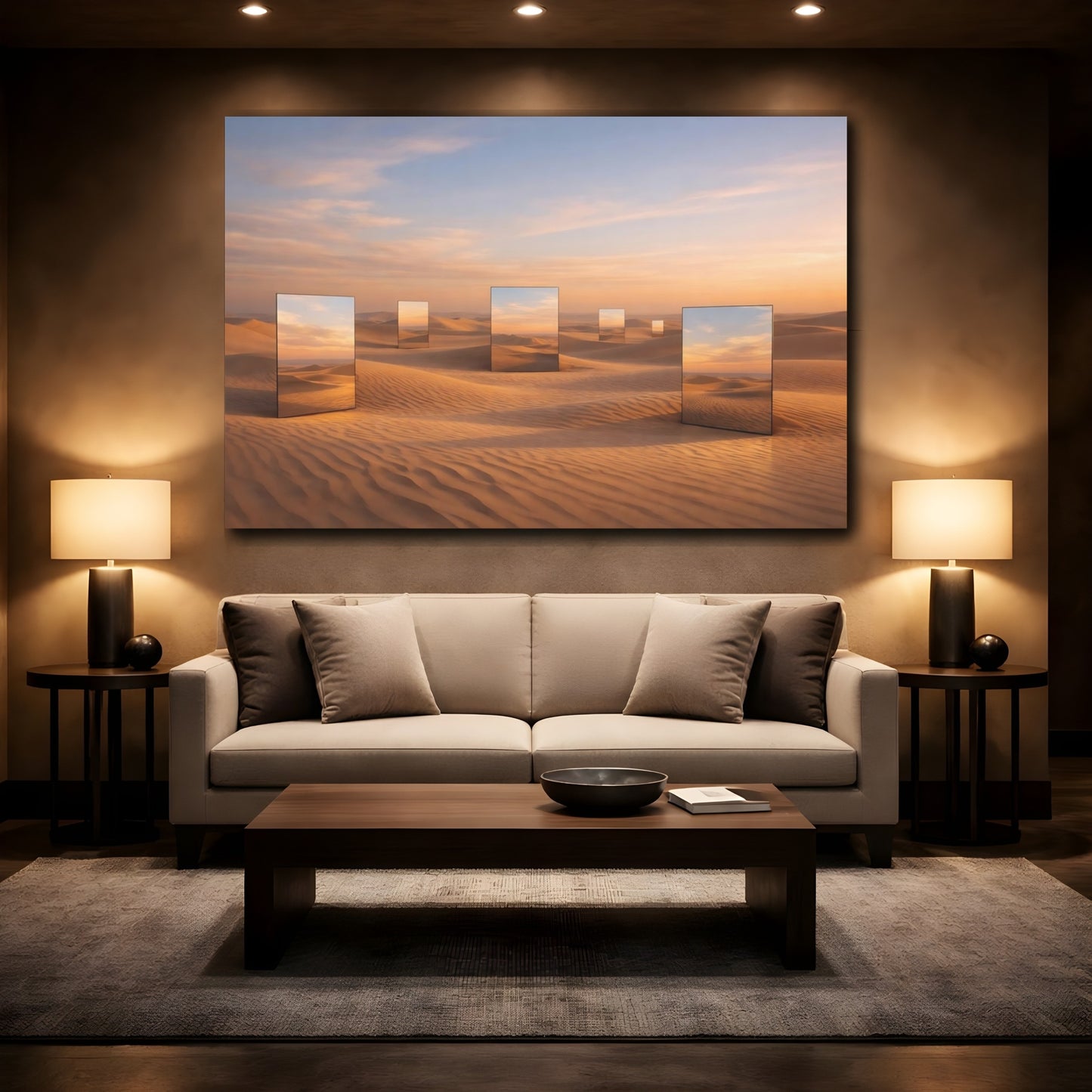 Mockup 2. Nature Desert Mirrors Orange Desert Sunset shown as stretched canvas wall art