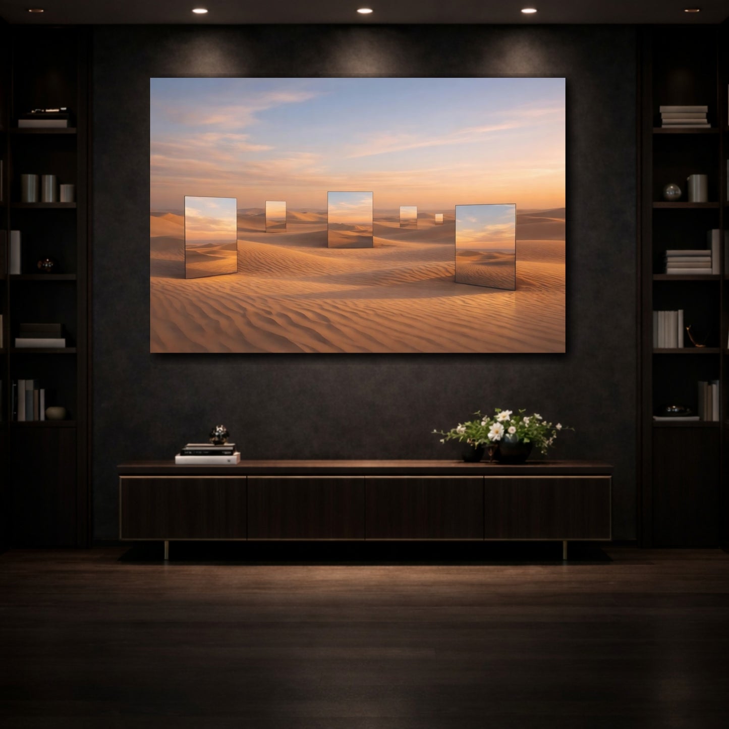 Mockup 3. Nature Desert Mirrors Orange Desert Sunset shown as stretched canvas wall art