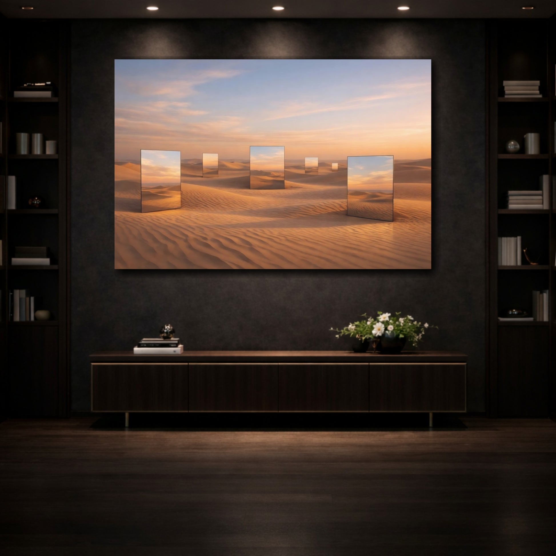Mockup 3. Nature Desert Mirrors Orange Desert Sunset shown as stretched canvas wall art