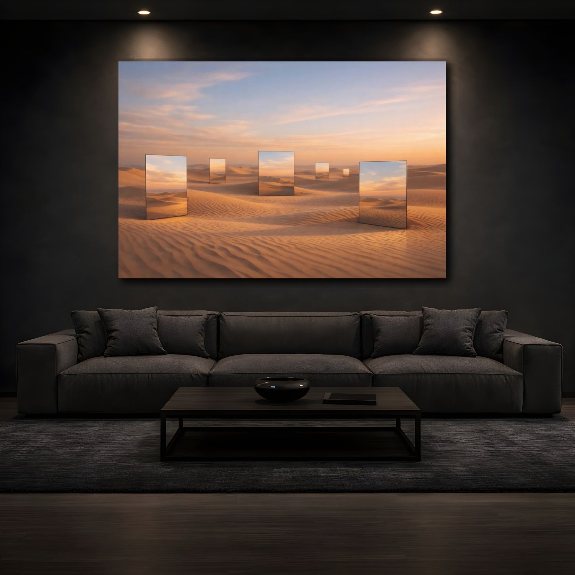 Mockup 4. Nature Desert Mirrors Orange Desert Sunset shown as stretched canvas wall art